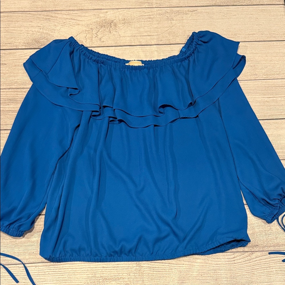 Women’s Michael by Michael Off the Shoulder Ruffled Top size L royal blue - Picture 2 of 11